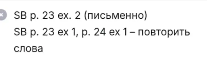 Ты просишь меня помочь с домашним заданием: письменно выполнить упражнение 2 на странице 23 из Student's Book (SB) и повторить слова из упражнения 1 на странице 23 и упражнения 1 на странице 24 из SB.