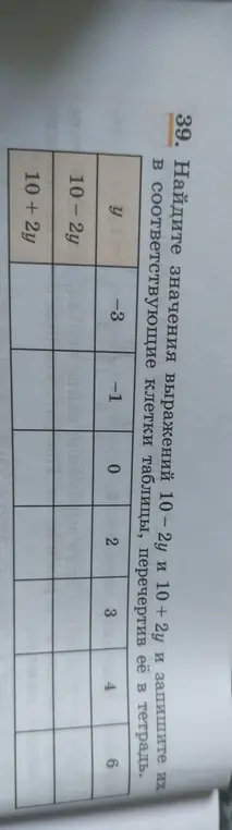 Помоги мне найти значения выражений 10-2у и 10 + 2у и запиши их в соответствующие клетки таблицы