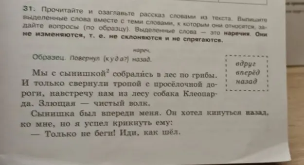 Помоги озаглавить рассказ и выписать выделенные слова вместе с теми словами, к которым они относятся, задать вопросы к ним (упражнение 31).