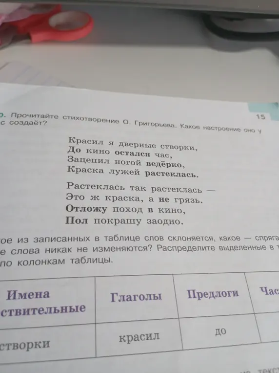 Распредели выделенные в тексте слова по колонкам таблицы (имена существительные, глаголы, предлоги, частицы, междометия)