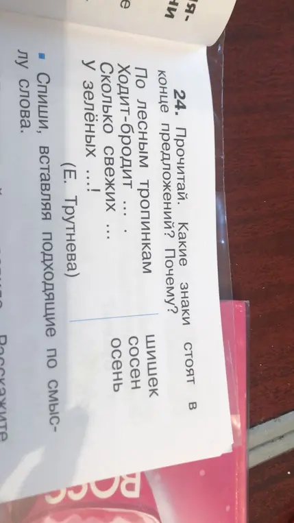 Определи, какие знаки стоят в конце предложений "По лесным тропинкам..."
