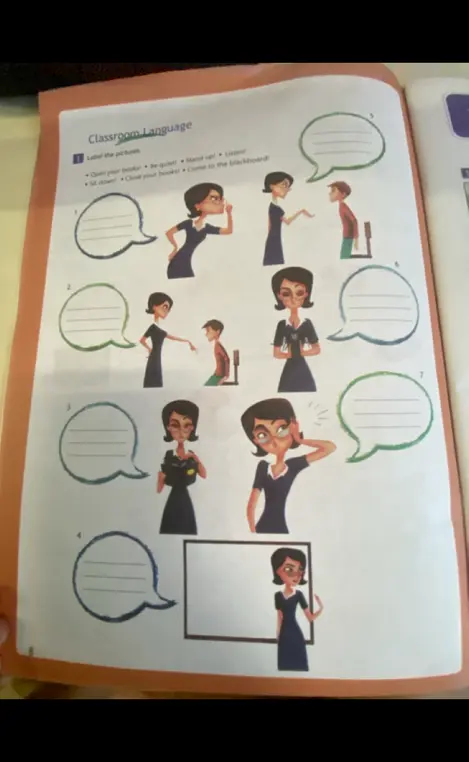 Подпиши картинки: Open your books!, Be quiet!, Stand up!, Listen!, Sit down!, Close your books!, Come to the blackboard!