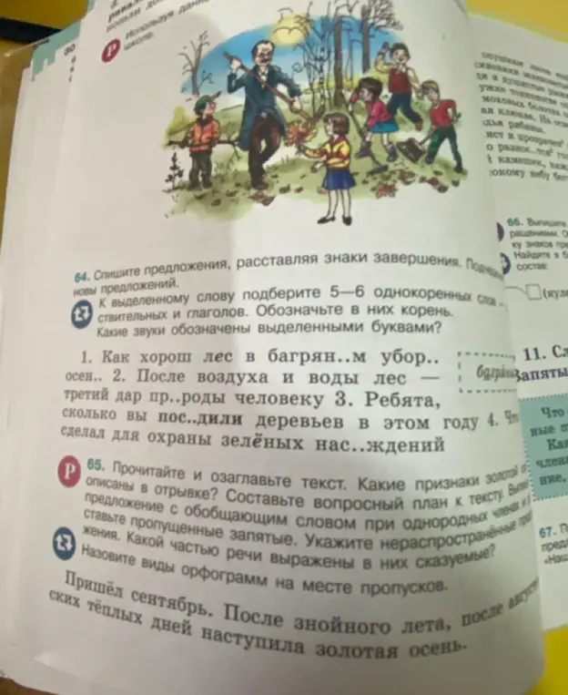 Выполни, пожалуйста, задания: 64. Спиши предложения, расставляя знаки завершения. Подчеркни новые предложения; 65. Прочитай и озаглавь текст. Какие признаки золотой описаны в отрывке?