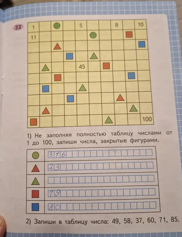 Помоги мне, пожалуйста, не заполняя полностью таблицу числами от 1 до 100, записать числа, закрытые фигурами.