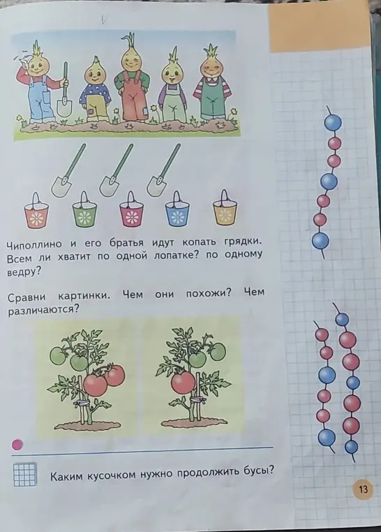 Можешь ли ты ответить на вопросы по картинкам: всем ли хватит по одной лопатке и ведру, чем похожи и различаются картинки с томатами, каким куском нужно продолжить бусы?