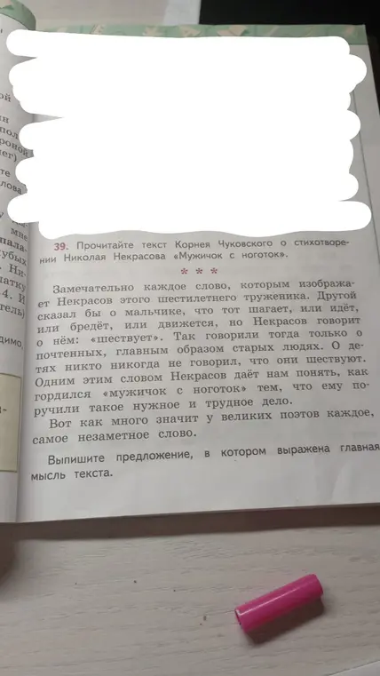 Выпиши предложение, в котором выражена главная мысль текста Корнея Чуковского о стихотворении Николая Некрасова «Мужичок с ноготок»