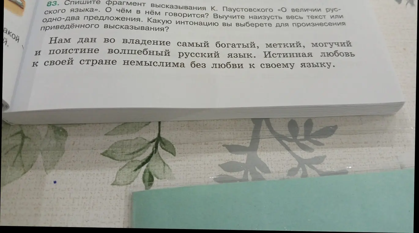 Объясни, как выполнить упражнение: Спиши фрагмент высказывания К. Паустовского «О величии русского языка».