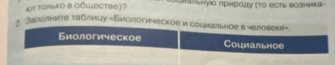 Помоги заполнить таблицу «Биологическое и социальное в человеке»