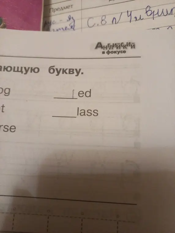 Заполни пропущенные буквы в словах 'og _led' и 't _lass'