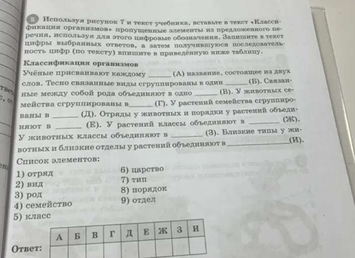 Можешь ли ты помочь мне вставить в текст "Классификация организмов" пропущенные элементы из предложенного перечня, используя для этого цифровые обозначения?