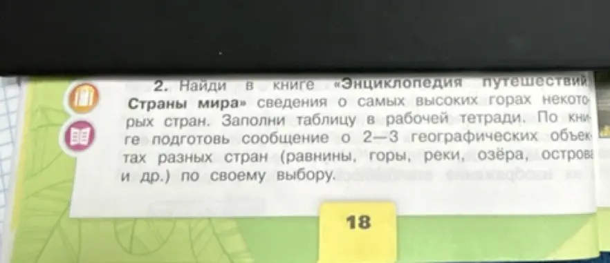 Можешь помочь мне найти в книге «Энциклопедия путешествий. Страны мира» сведения о самых высоких горах некоторых стран и заполнить таблицу в рабочей тетради?