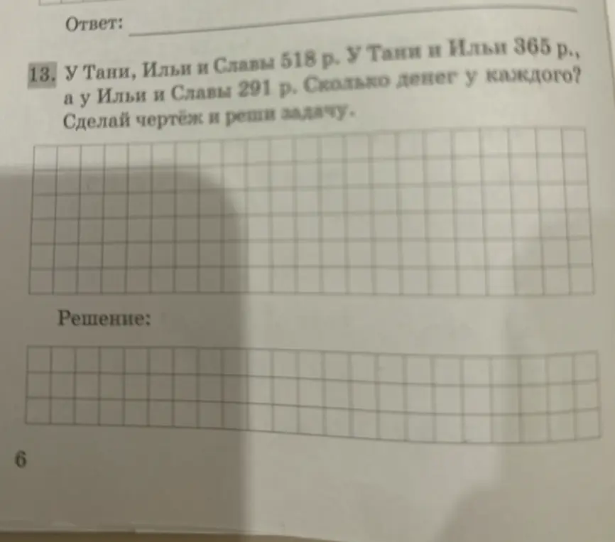 Реши задачу: у Тани, Ильи и Славы 518 р. У Тани и Ильи 365 р., а у Ильи и Славы 291 р. Сколько денег у каждого?