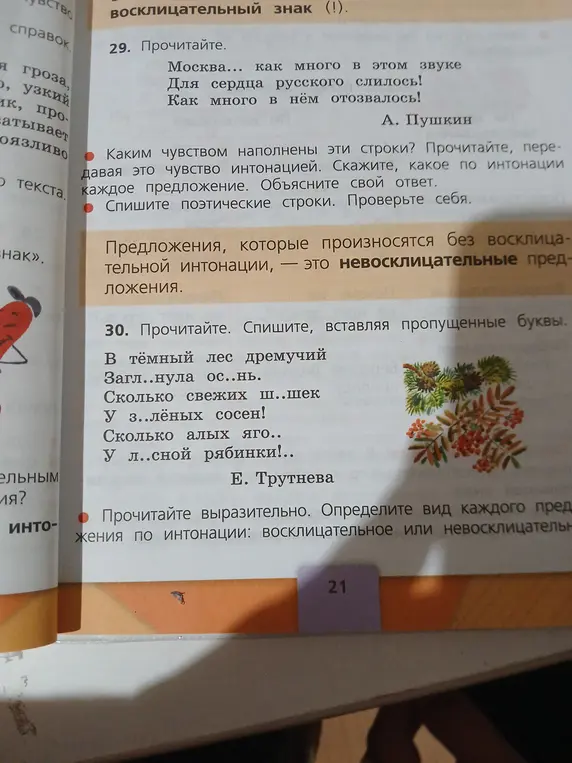 В 30 задании вставь пропущенные буквы и определи вид каждого предложения по интонации: восклицательное или невосклицательное