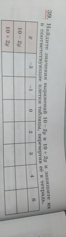 Найди значения выражения 10-2y и 10+2y и запиши их в соответствующие клетки таблицы; какие значения принимают сумма х + у и произведение ху при следующих значениях переменных: а) х = 1,2, у = -2,5; найди значение выражения 5m – 3n, если: а) m = -2/5, n = 2/3