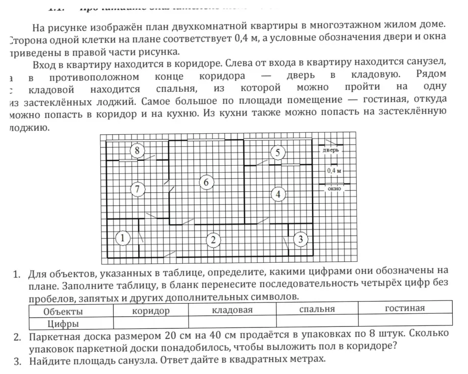 Предложи решение задач по геометрии. Для объектов, указанных в таблице, определи, какими цифрами они обозначены на плане. Заполни таблицу; Сколько упаковок паркетной доски понадобилось, чтобы выложить пол в коридоре; Найди площадь санузла. Ответ дайте в квадратных метрах.