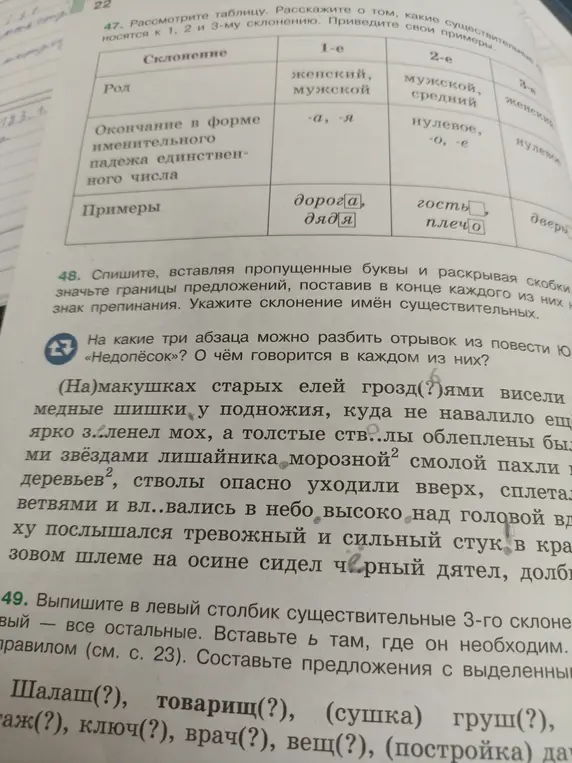 Спиши текст, вставляя пропущенные буквы и раскрывая скобки, а также укажи склонение имен существительных. Выпиши в левый столбик существительные 3-го склонения, вставь Ь там, где необходимо.