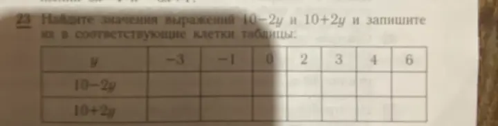 Помоги мне найти значения выражений 10-2у и 10+2у и запиши их в соответствующие клетки таблицы
