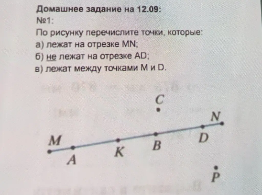 Перечисли точки, лежащие на отрезке MN
