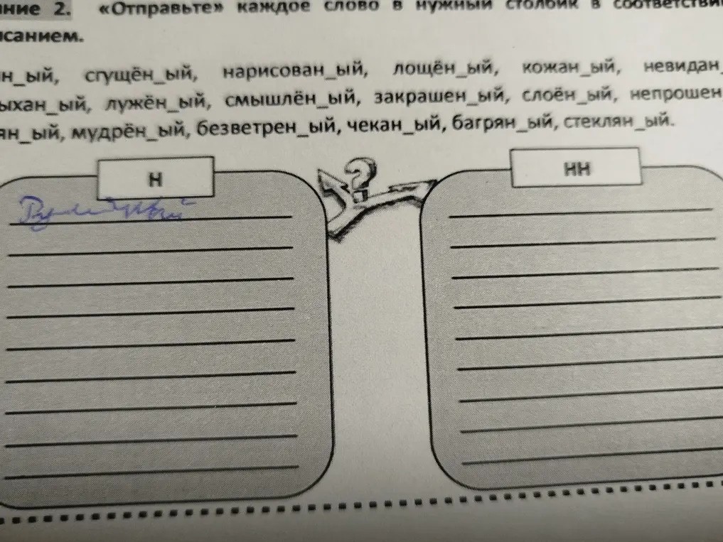 Разбери слова по столбикам в зависимости от количества букв Н