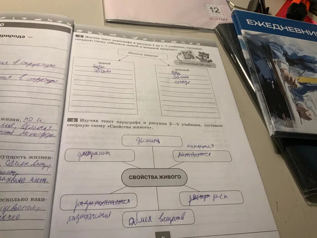 Помоги заполнить опорную схему «Объекты живой и неживой природы» и схему «Свойства живого»