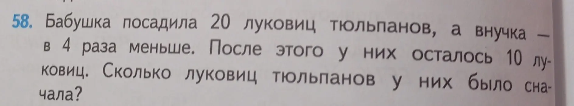 Помоги решить задачу: Бабушка посадила 20 луковиц тюльпанов, а внучка в 4 раза меньше. После этого у них осталось 10 луковиц. Сколько луковиц тюльпанов у них было сначала?