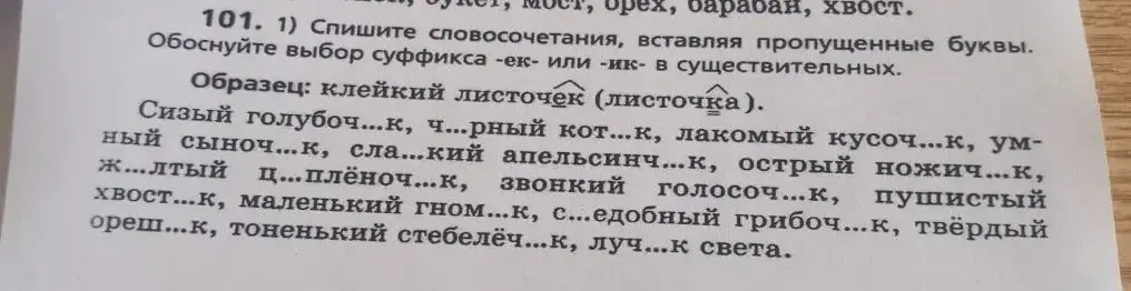 Спиши словосочетания, вставляя пропущенные буквы и обоснуйте выбор суффикса -ек- или -ик- в существительном 'сизый голубоч...к'