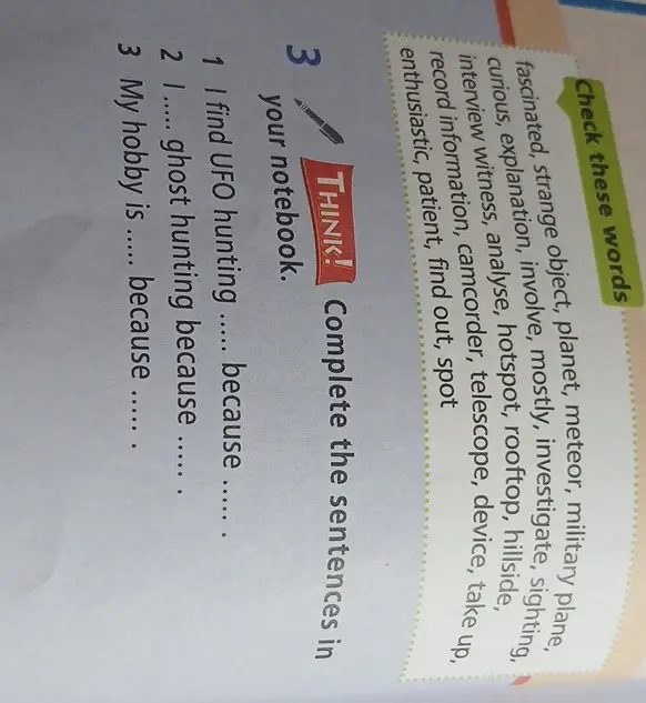 Вставь слова в предложения: 1. I find UFO hunting ... because ... 