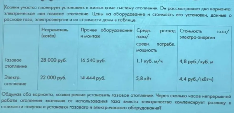 Вычисли, через сколько часов непрерывной работы отопления экономия от использования газа вместо электричества компенсирует разницу в стоимости покупки и установки газового и электрического оборудования