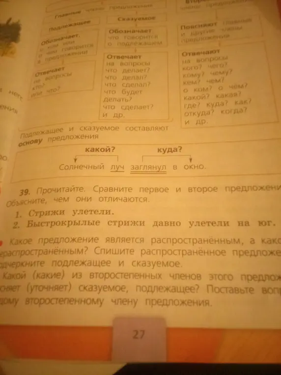 Объясни, чем отличаются предложения 'Стрижи улетели' и 'Быстрокрылые стрижи давно улетели на юг'