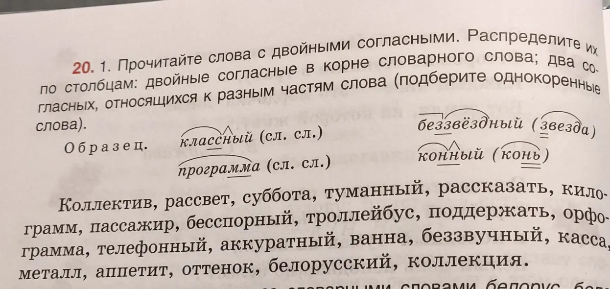 Распредели слова с двойными согласными по столбцам: двойные согласные в корне словарного слова и два согласных, относящихся к разным частям слова.