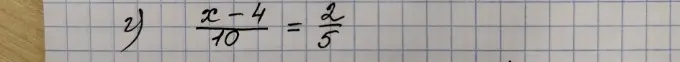 Помоги мне решить уравнение (x - 4) / 10 = 2/5