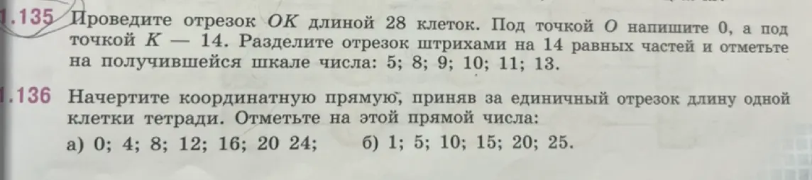 Объясни, как провести отрезок OK длиной 28 клеток и разделить его штрихами на 14 равных частей и как начертить координатную прямую.