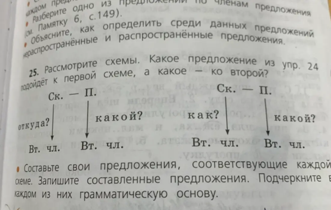Рассмотри схемы. Какое предложение из упражнения 24 подойдёт к первой схеме, а какое ко второй?