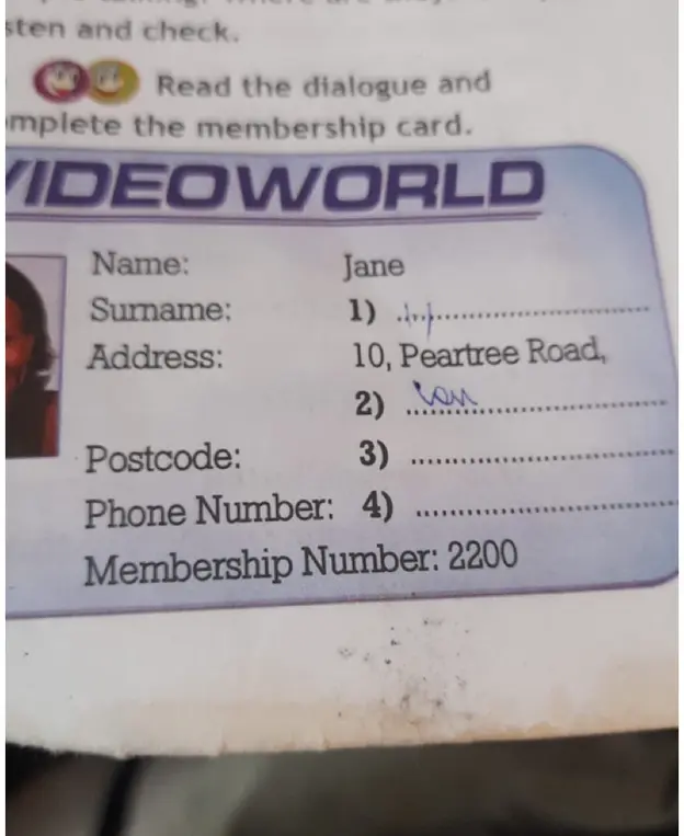 Заполни пропуски в membership card: surname, address, postcode, phone number