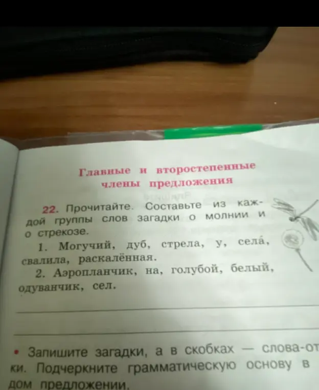 Составь из каждой группы слов загадки о молнии и о стрекозе