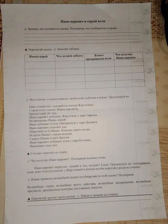Заполни таблицу по сказке «Иван-царевич и серый волк»