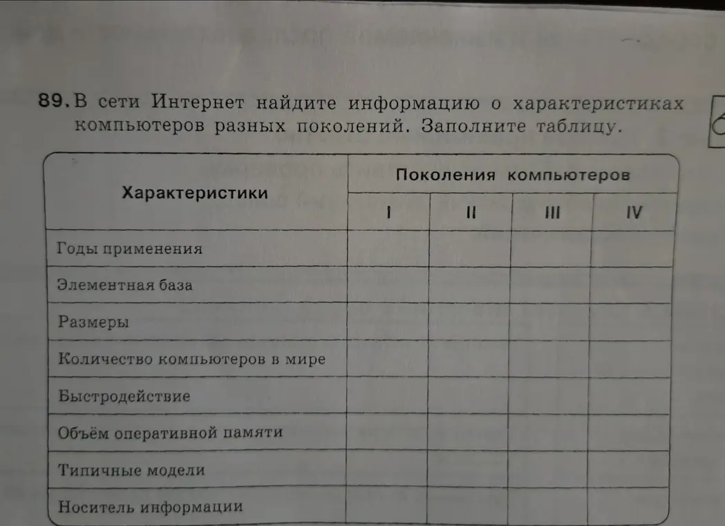 Предложи заполнить таблицу о характеристиках компьютеров разных поколений.