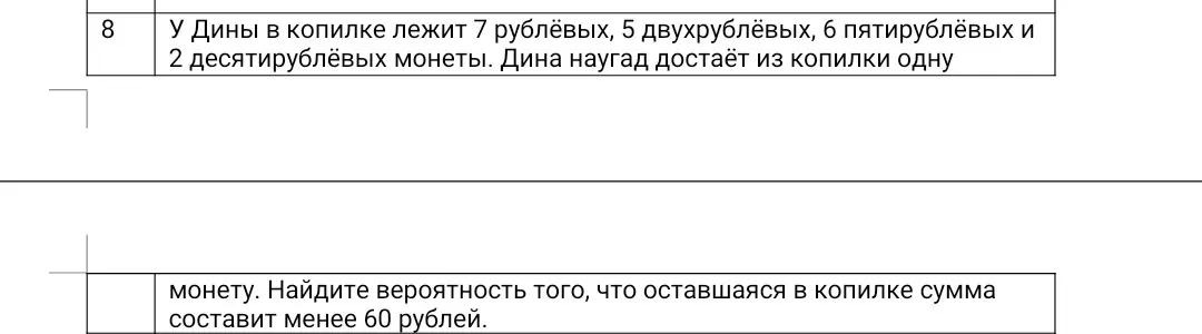 Найди вероятность того, что оставшаяся в копилке сумма составит менее 60 рублей