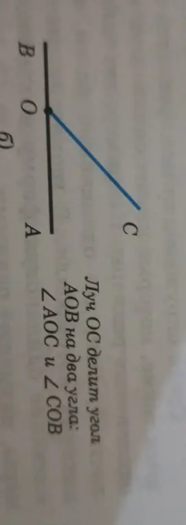 Объясни, что значит, что луч OC делит угол AOB на два угла: ∠AOC и ∠COB