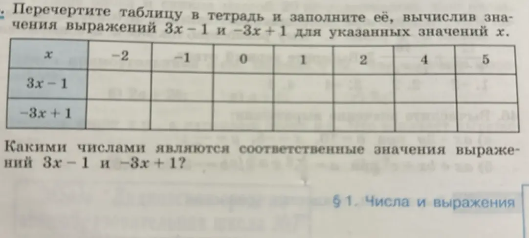 Помоги мне перечертить таблицу в тетрадь и заполнить её, вычислив значения выражений 3х-1 и 3х +1 для указанных значений х.
