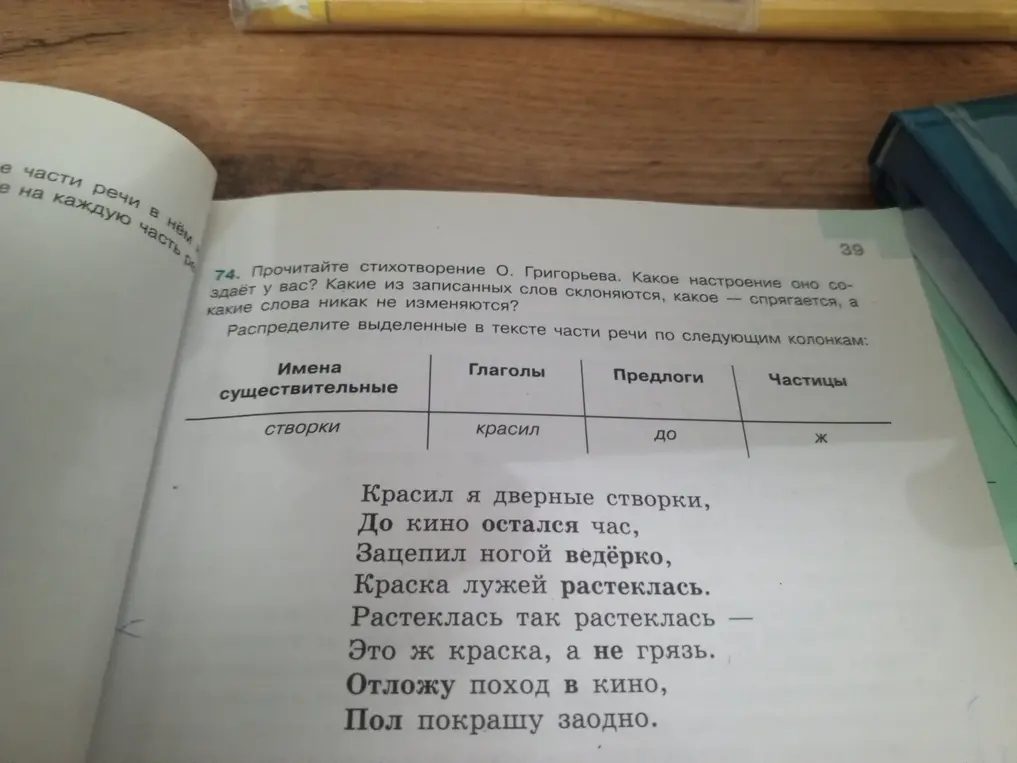 Распредели выделенные в тексте части речи по следующим колонкам: имена существительные, глаголы, предлоги, частицы