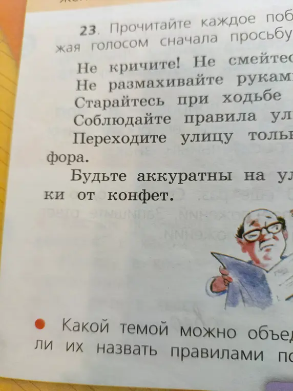 Ты просишь назвать общей темой правила из текста: "Не кричите! Не смейтесь! Не размахивайте руками! Старайтесь при ходьбе..."