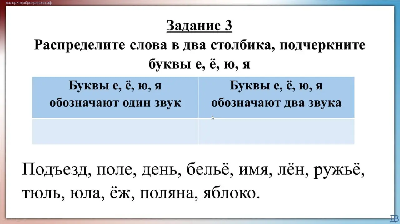 Ты просишь распределить слова "Подъезд, поле, день, бельё, имя, лён, ружьё, тюль, юла, ёж, поляна, яблоко" в два столбика: в один столбик с буквами е, ё, ю, я, обозначающими один звук, а в другой – два звука.