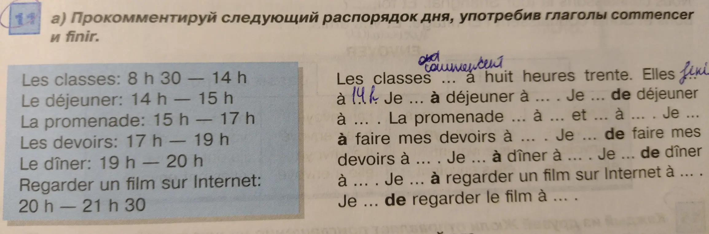 Вставь глаголы commencer и finir в предложения, чтобы прокомментировать распорядок дня.