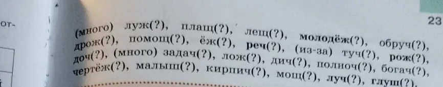 Определи букву, которую нужно вставить в конце слов: луж(?), плащ(?), лещ(?), молодёж(?)
