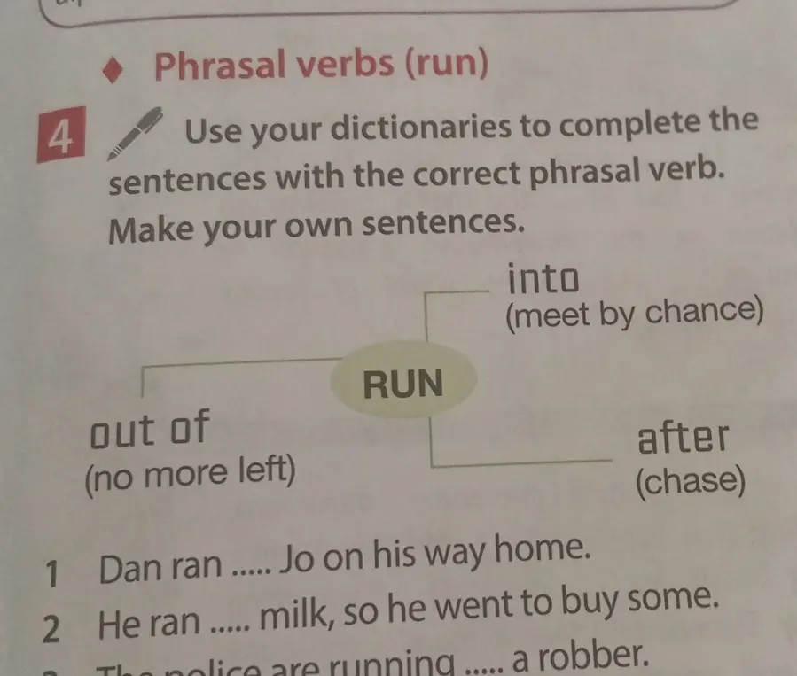 Составь предложения с фразовыми глаголами run.