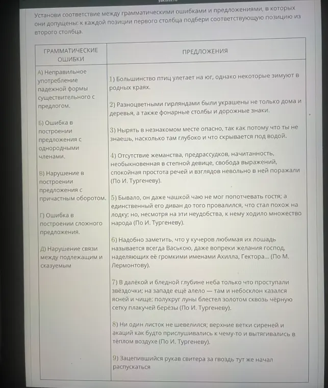 Установи соответствие между грамматическими ошибками и предложениями, в которых они допущены: к позиции "Неправильное употребление падежной формы существительного с предлогом" подбери соответствующую позицию из второго столбца.