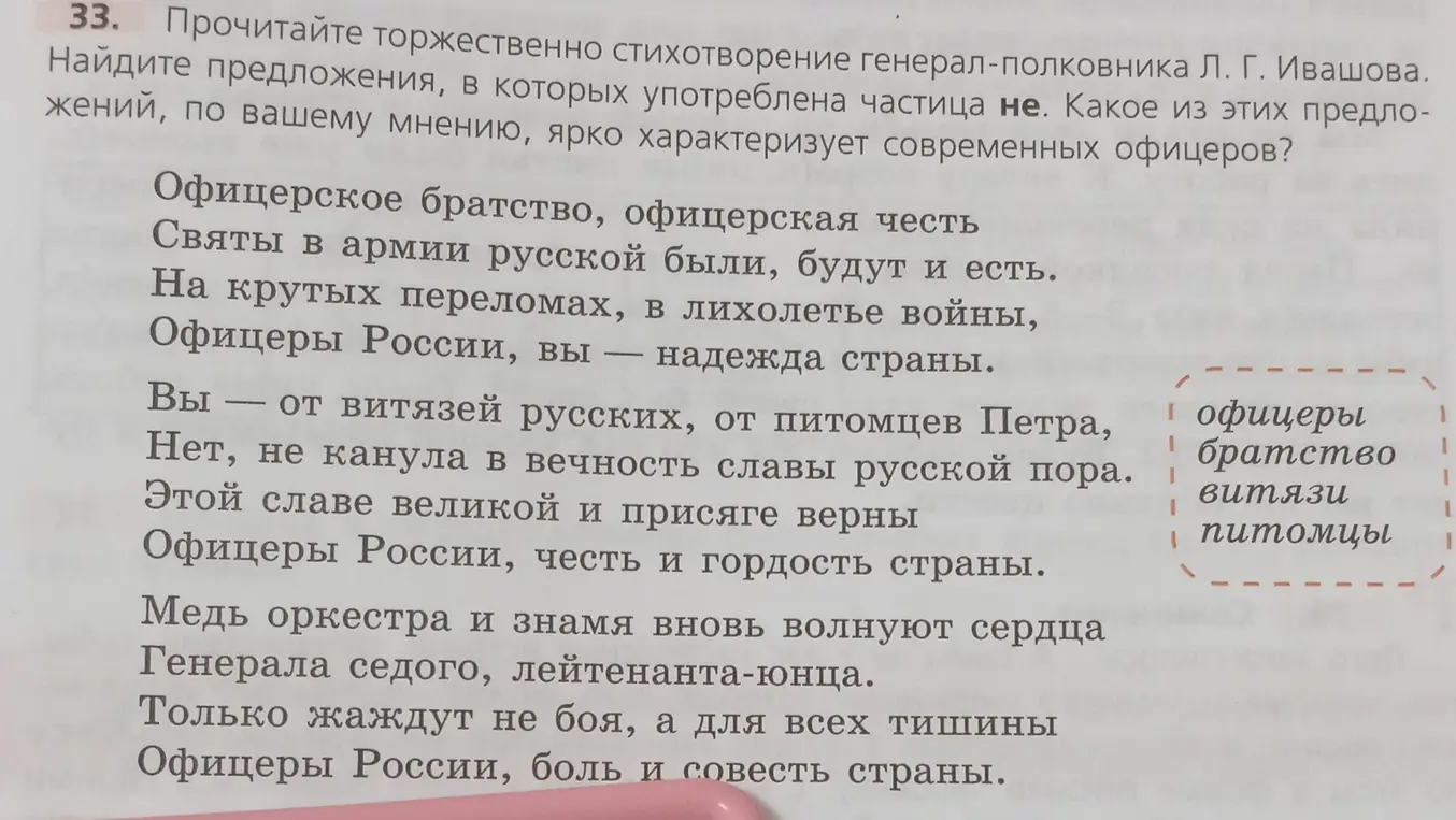 Ты просишь найти предложения, в которых употреблена частица "не", и определить, какое из этих предложений ярко характеризует современных офицеров