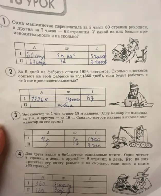 Помоги решить задачи про машинисток, костюмы, экскаватор и друзей с книгами