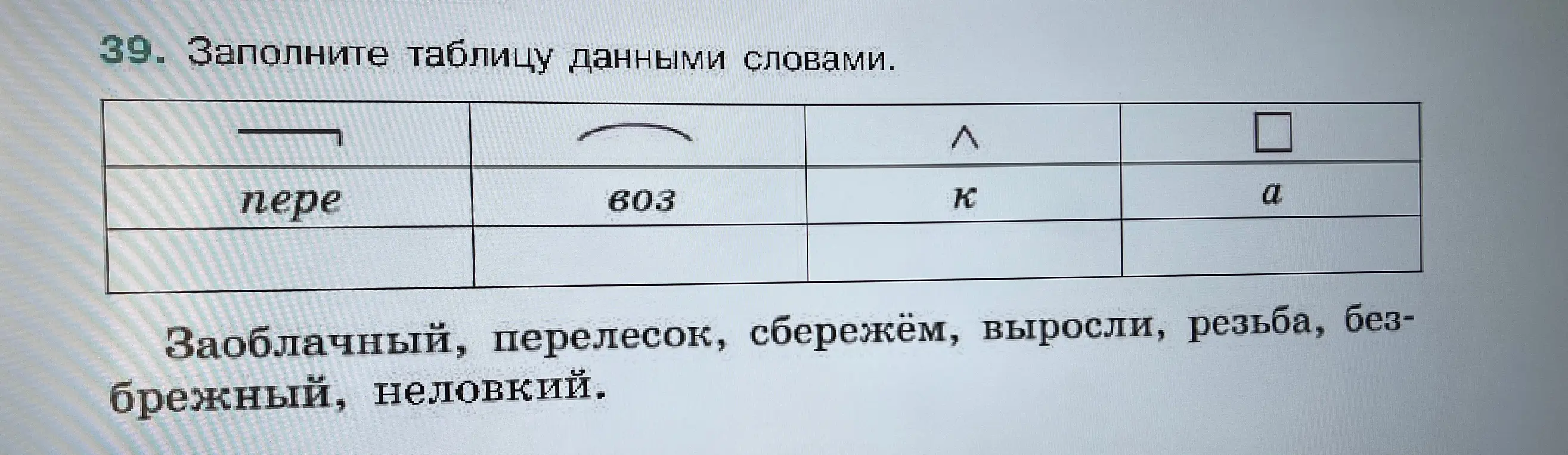Предложи заполнить таблицу данными словами 'Заоблачный, перелесок, сбережём, выросли, резьба, безбрежный, неловкий'